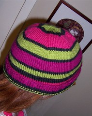 Finished stripey pink/green/purple Portland hat