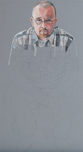 In progress photo of colored pencil portrait entitled Self Portrait V.