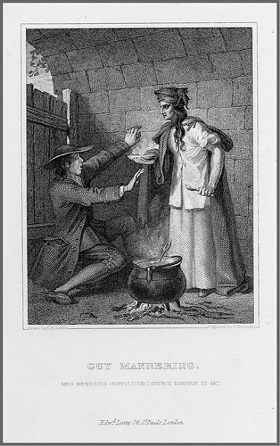 06- Grabado en acero de J. Romney de un dibujo de C. R. Leslie para una escena de la novela de W. Scott Guy Mannering 1832