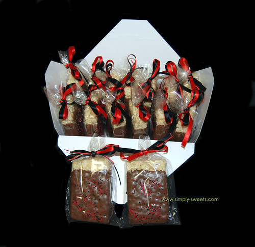 black and red chooclate dipped rice krispie favors