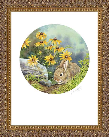 "Hiding" AER73 by A E Ruffing Watercolor Baby Rabbit Print Framed