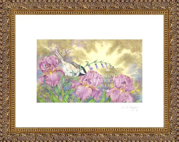 "Chickadee, Iris, and creeping Bellflower" by A E Ruffing, Pring Framed