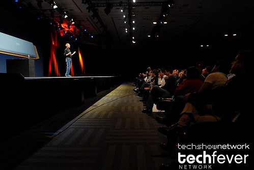 Apple CEO Steve Jobs showing the new Apple Macbook Air laptop series during his keynote address at Macworld 2008 by TechShowNetwork.