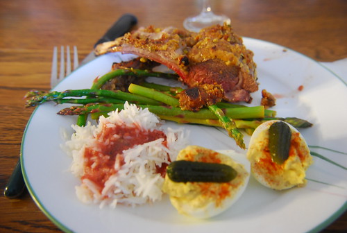 Birthday dinner @ Dad's: Pistachio-cruseted lamb chops, rice with strawberry sauce, devilled eggs with gherkins