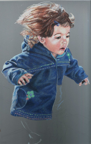 In progress scan of colored pencil drawing entitled Jump!
