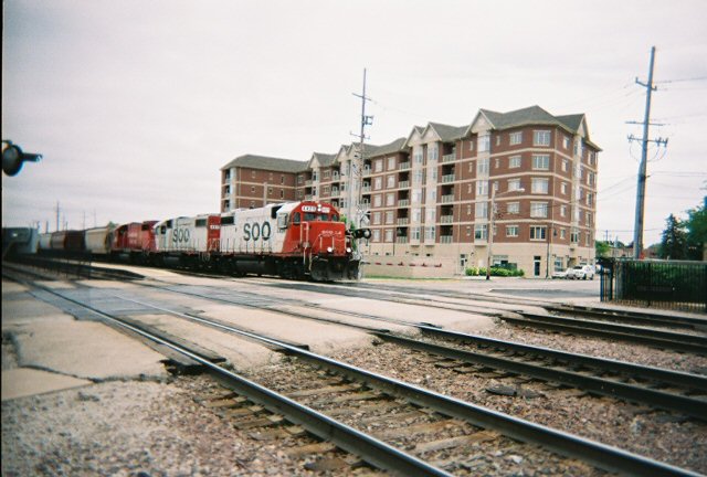 Westbound Canadian Pacific freight train with former Soo Line railroad locomotives arriving in Franklin Park Illinois. May 2008.