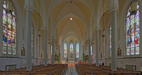 Our Lady of the Holy Cross Roman Catholic Church, in Saint Louis (Baden), Missouri, USA - wide view of interior
