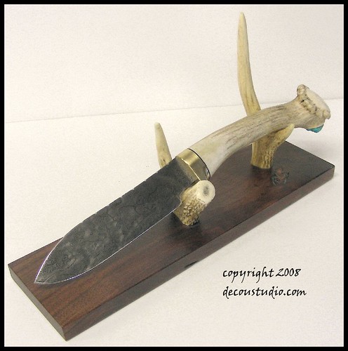Custom Knife: Hand Forged Damascus Steel, Deer Antler Handle, Brass 