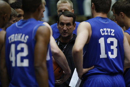 Duke head coach Mike Krzyzewski talks to his team in the Blue Devils first open practice Friday. They tip the season Saturday in the annual Blue-White scrimmage. Photo by Chase Olivieri/The Chronicle
