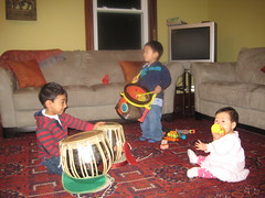 Our band. Owen on drums, Aki on shaker, and Ronak on tabla