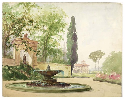 015- jardines-acuarela-Garden with an eagle archway and a large center fountain. Stone wall with house in background.
