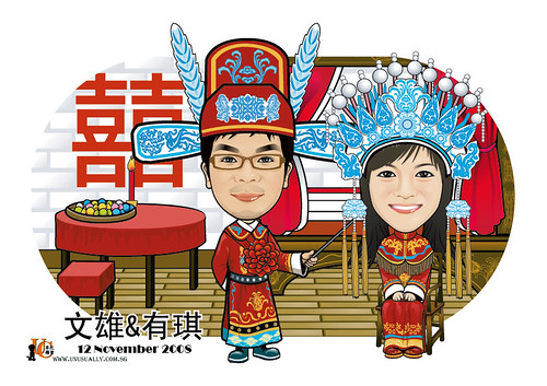 Q-Digital couple traditional Chinese wedding caricatures
