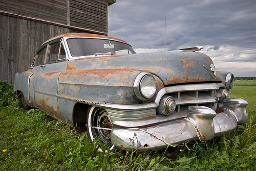 The Old Rusty Cadillac West of Rochelle Illinois Wide angle close up