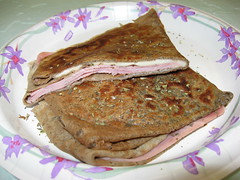 Trois Crepes Patisserie: French ham and swiss cheese crepe (sliced)