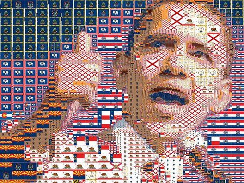 Obama as a mosaic of US state flags; used under a CC by-nc-nd licence