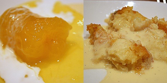 Sweet tapioca braised in honey; bread and butter pudding with vanilla sauce
