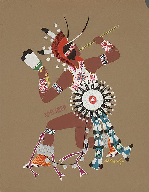 pochoir print of American Indian dance ritual by J Hokeah