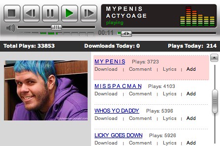 ACTYOAGE Myspace screencap, featuring songs such as MYPENIS