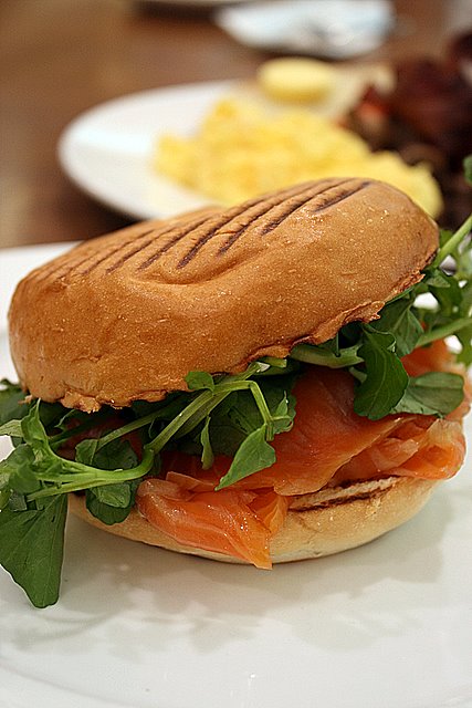 Toasted bagel with smoked salmon, rocket, watercress and avocado