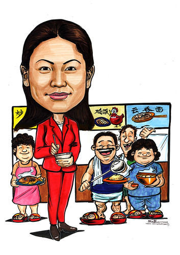 Caricature Grace F&B agent with hawkers A4
