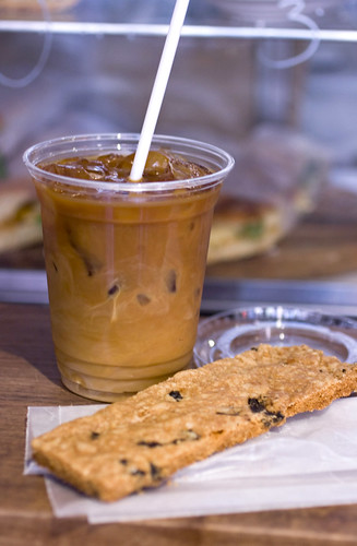 Iced coffee and cured olive cookie