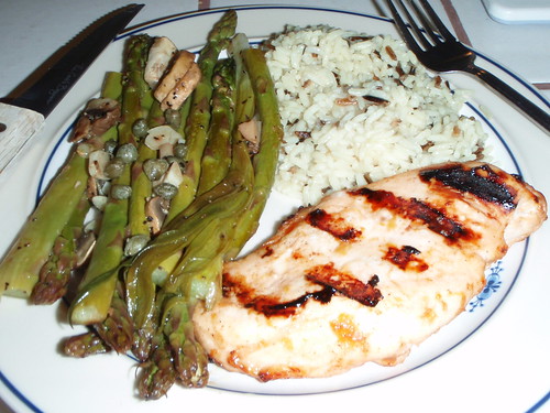 Foil wrapped Asparagus with Peach BBQ sauced Chicken and Wild rice.