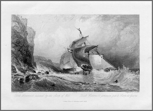001-Dirk Hatteraick perseguido por un velero de guerra- grabado en acero por James Allen Bayliss de un dibujo de G. Balmer para la novela de W. Scott Guy Mannering 1836