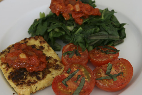 Pan-Fried Tofu with Roasted Tomatoes and Steamed Spinach