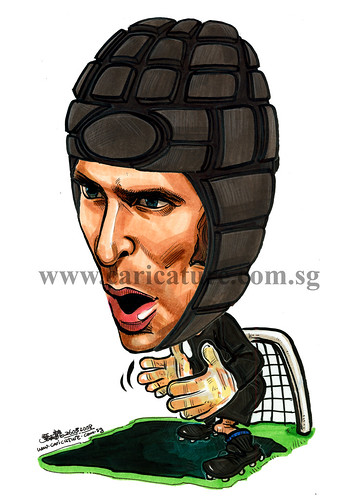 Caricature of Petr Cech with protective gear colour watermark