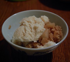 Dessert: pear crumble with soy vanilla ice cream