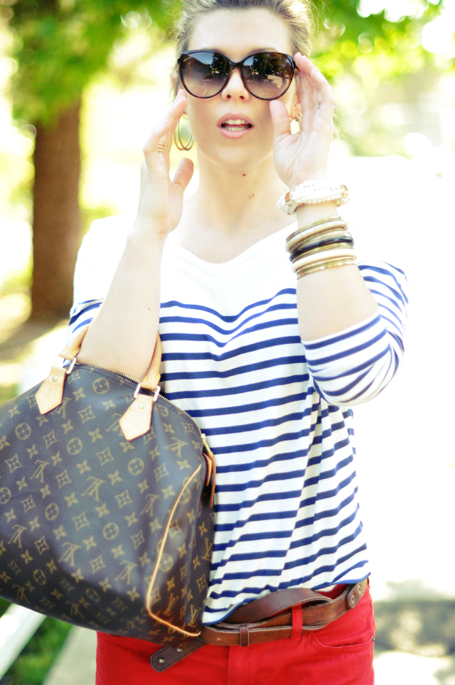 cropped red pants + blue and white striped t shirt + louis vuitton bag+gucci sunglasses