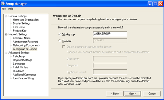 On the Workgroup or Domain dialog, select Workgroup and click Next