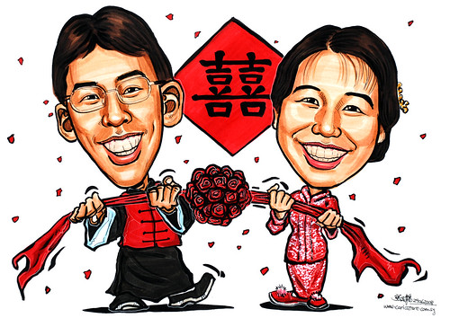 Couple caricatures Chinese traditional wedding Kua