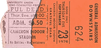 Grateful Dead concert ticket for 9/23/76 Cameron Indoor Stadium, Duke University, Durham, North Carolina (from www.psilo.com)