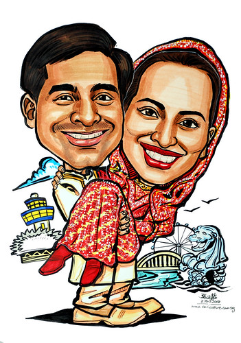 Couple caricatures Indian wedding Sinapore