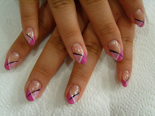  another french style,  Pink french with black and white cool lines nail art design gallery, nail gallery