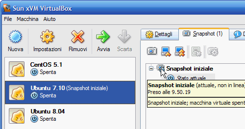 Fig 5 - VirtualBox snapshot - tooltip dello snapshot appena creato