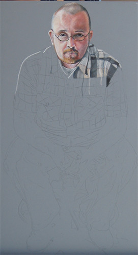 In progress scan of colored pencil portrait entitled Self Portrait V