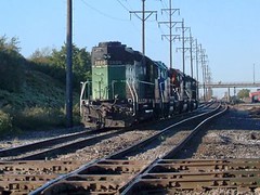 Northbound BNSF Railway light engine movement. Hawthorne Junction. Chicago / Cicero Illinois. Early October 2007.