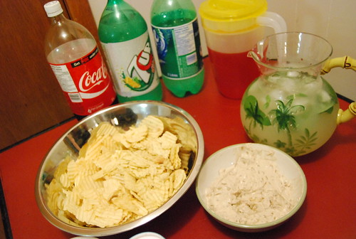 Chips and onion dip; Limeade with mint