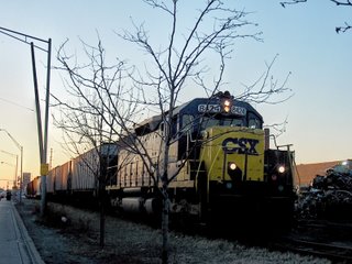 Eastbound CSX Transportation Co West 16th Street industrial switching local returning to the Belt Railway of Chicago interchange in Chicago Illinois. January 2007.