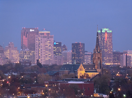 View from the top of the old South Side National Bank Tower, in Saint Louis, Missouri, USA - Saint Francis de Sales Oratory at dusk