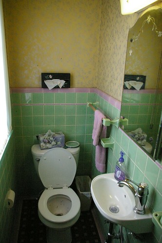 Purple and green tile bathroom