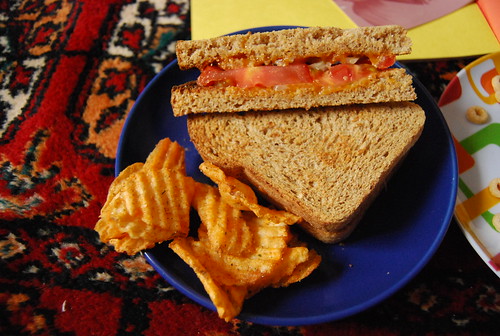 Grilled Cheese with tomato and shallot and a side of Buffalo Bleu chips
