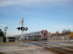 An eastbound Metra commuter local approaching the Franklin Park Illinois commuter rail station. October 2007.