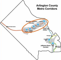 the Rosslyn-Ballston corridor is outlined in red (by: Arlington County, VA)