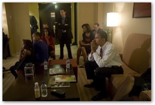 Obama Tents Fingers While Watching News Coverage of Victory