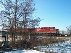 Canadian Pacific locomotives idling in the winter cold. Schiller Park Illinois. January 2007.
