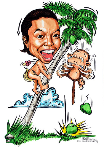 Caricature naked baby climbing coconut tree
