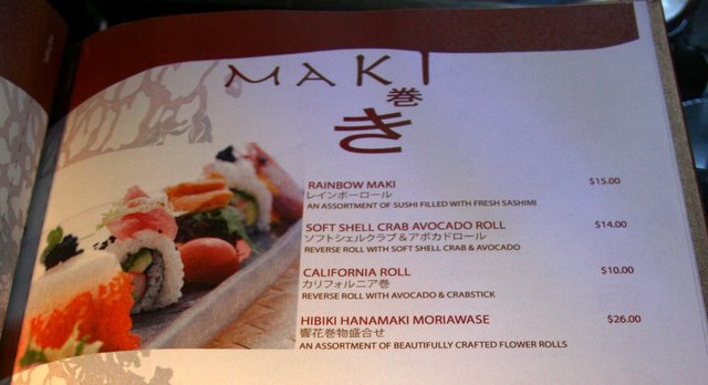 Maki menu at Hibiki